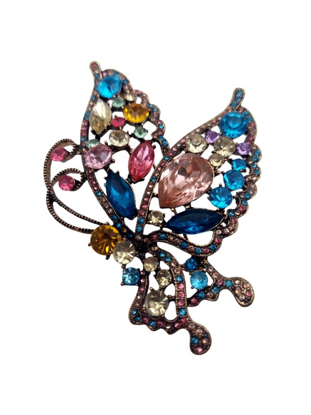 Butterfly Brooch Pin Crystal Rhinestone Multi-Color Bronze Tone Retro Statement